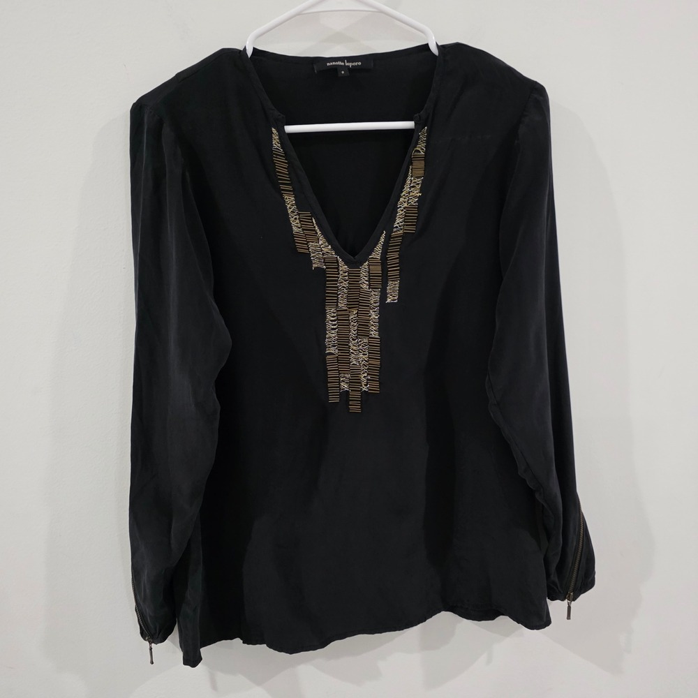 Nanette Lepore Womens Silk Beaded Top Size 0 Black V Neck Silk Zip Cuff Top
